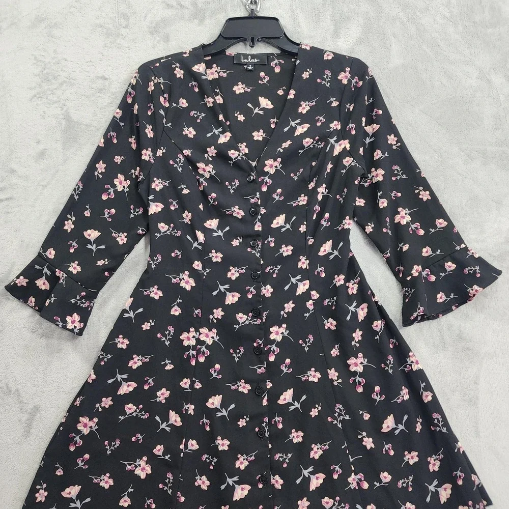 Lulus Dress Womens S Black Floral Button Front Belted Fit & Flare Mini Ruffled